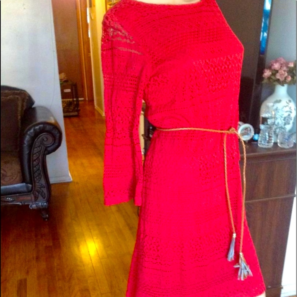 Red Crochet Dress with Waist Belt Bell Sleeves
